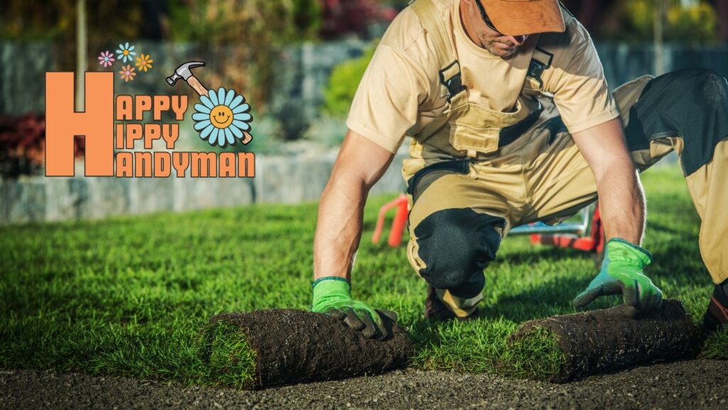 A man carefully laying fresh sod on a prepared lawn, exemplifying 2025 landscaping trends with modern installation techniques and sustainable outdoor design practices.