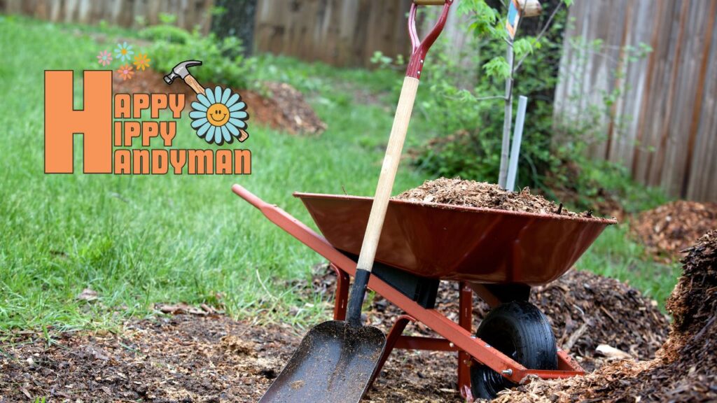 Wheelbarrow filled with fresh mulch and a shovel leaning on it in a well-manicured backyard, symbolizing a successful Spring Yard Cleanup 2025