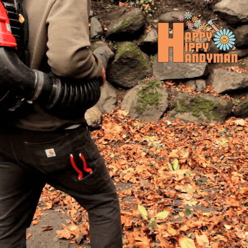 Person using a leaf blower to clear fallen leaves, highlighting routine yard maintenance in Landscaping.