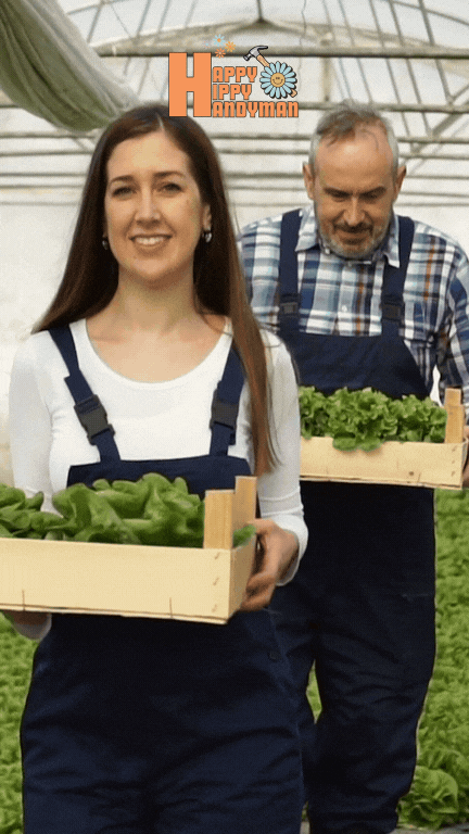 A man and woman carrying fresh lettuce from a greenhouse, emphasizing the productivity and quality achieved through our Greenhouse Builds & Installation Services.