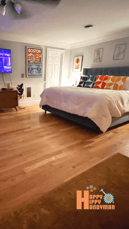 A master bedroom in Barrington, NH designed with mid-century modern flair that reflects thoughtful interior design.