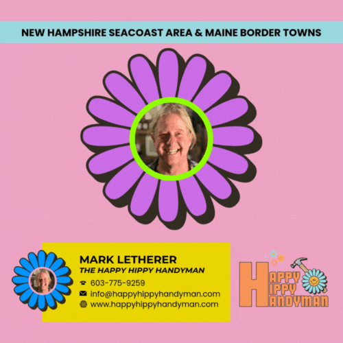 Graphic with a bright pink backdrop featuring Happy Hippy Handyman’s contact details and logo, encouraging you to contact a handyman for innovative and reliable home improvement services.