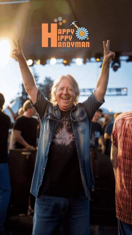 A candid shot of Mark Letherer energetically dancing at a Phish show, capturing the fun and free-spirited vibe that defines New Hampshire Handyman