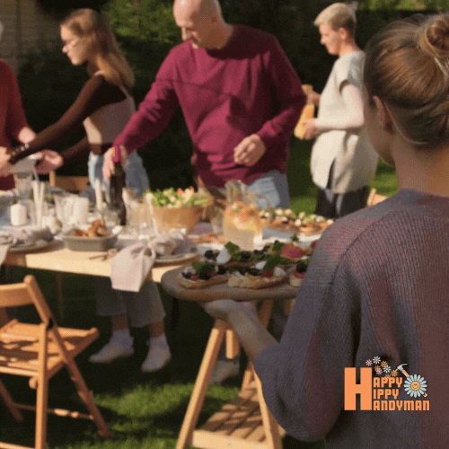 A woman gracefully walking with a tray of food towards a family gathered under a welcoming awning, embodying the warmth and charm of outdoor living in innovative Outdoor Projects.