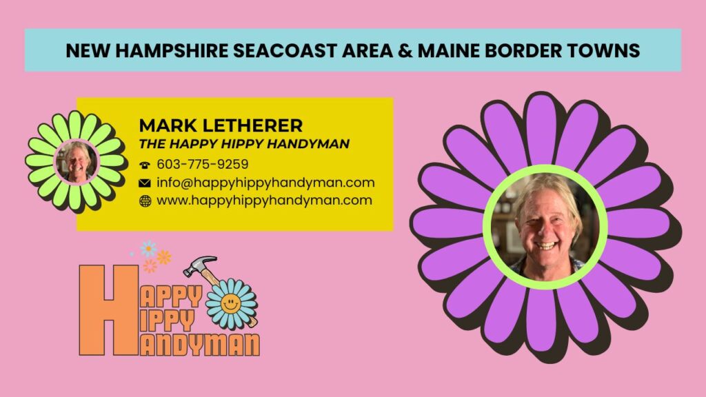 Graphic with a bright pink background showcasing Happy Hippy Handyman’s contact information alongside a stylized portrait of Mark Letherer integrated into a blooming flower design, symbolizing creative and reliable handyman services.