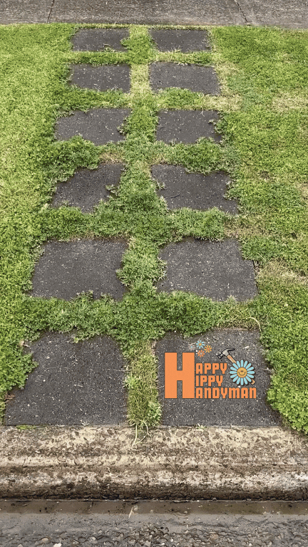 Weathered walkway blocks surrounded by patches of grass, emphasizing a potential landscaping project to restore curb appeal.”